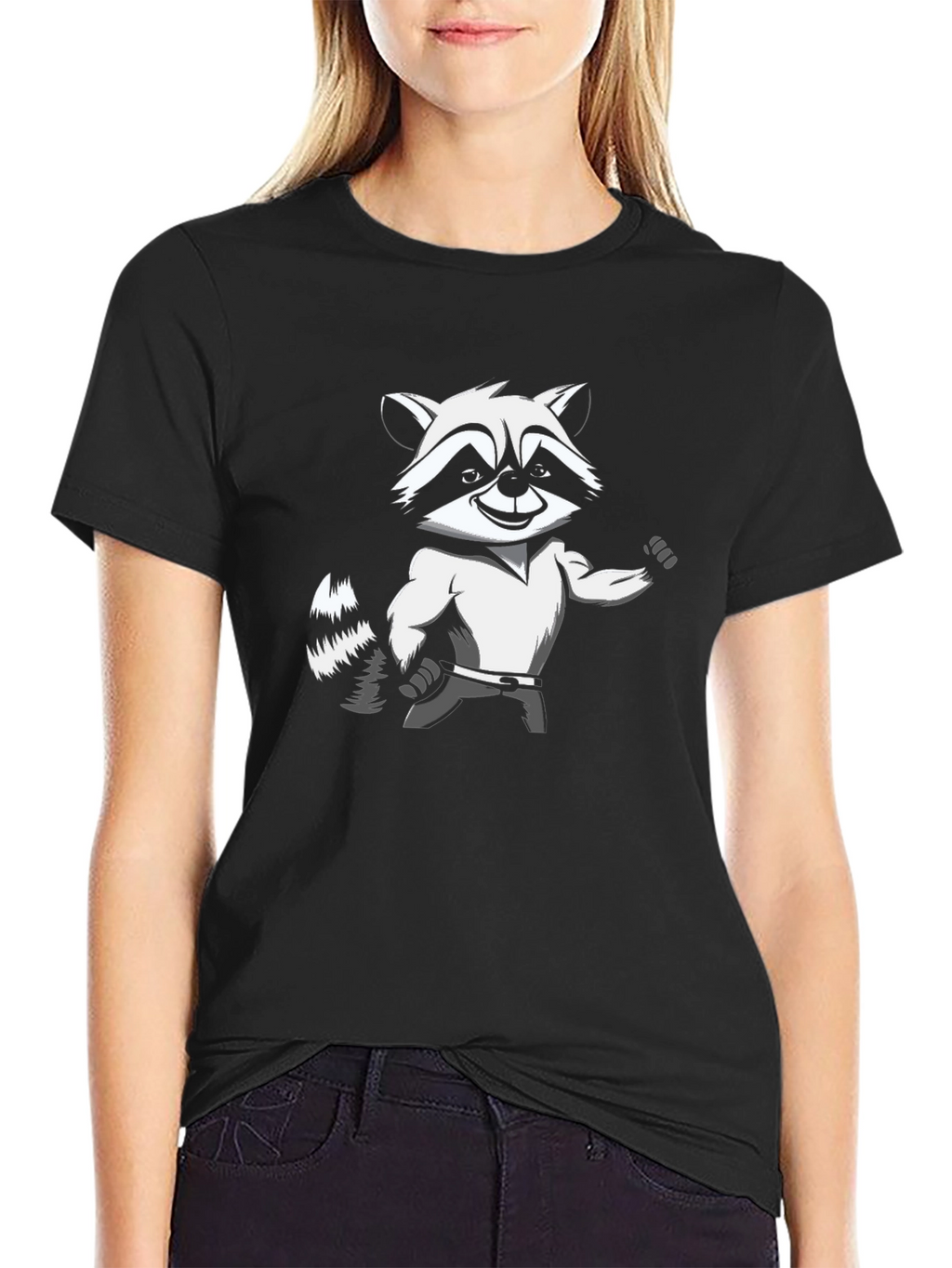 Raccoon Cartoon Graphic Tee - Black
