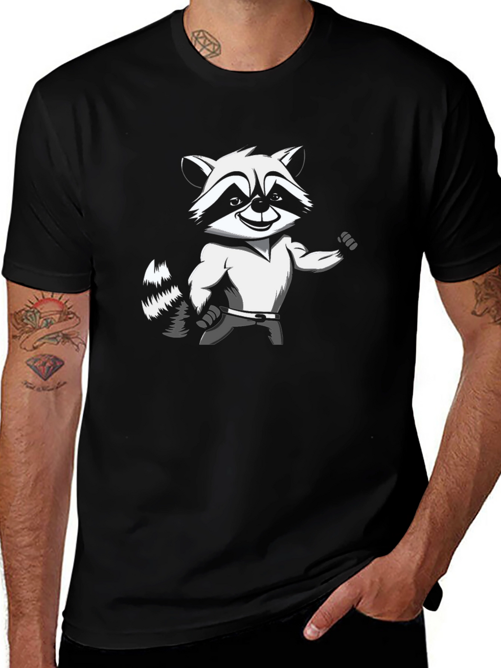 Raccoon Cartoon Graphic Tee - Black