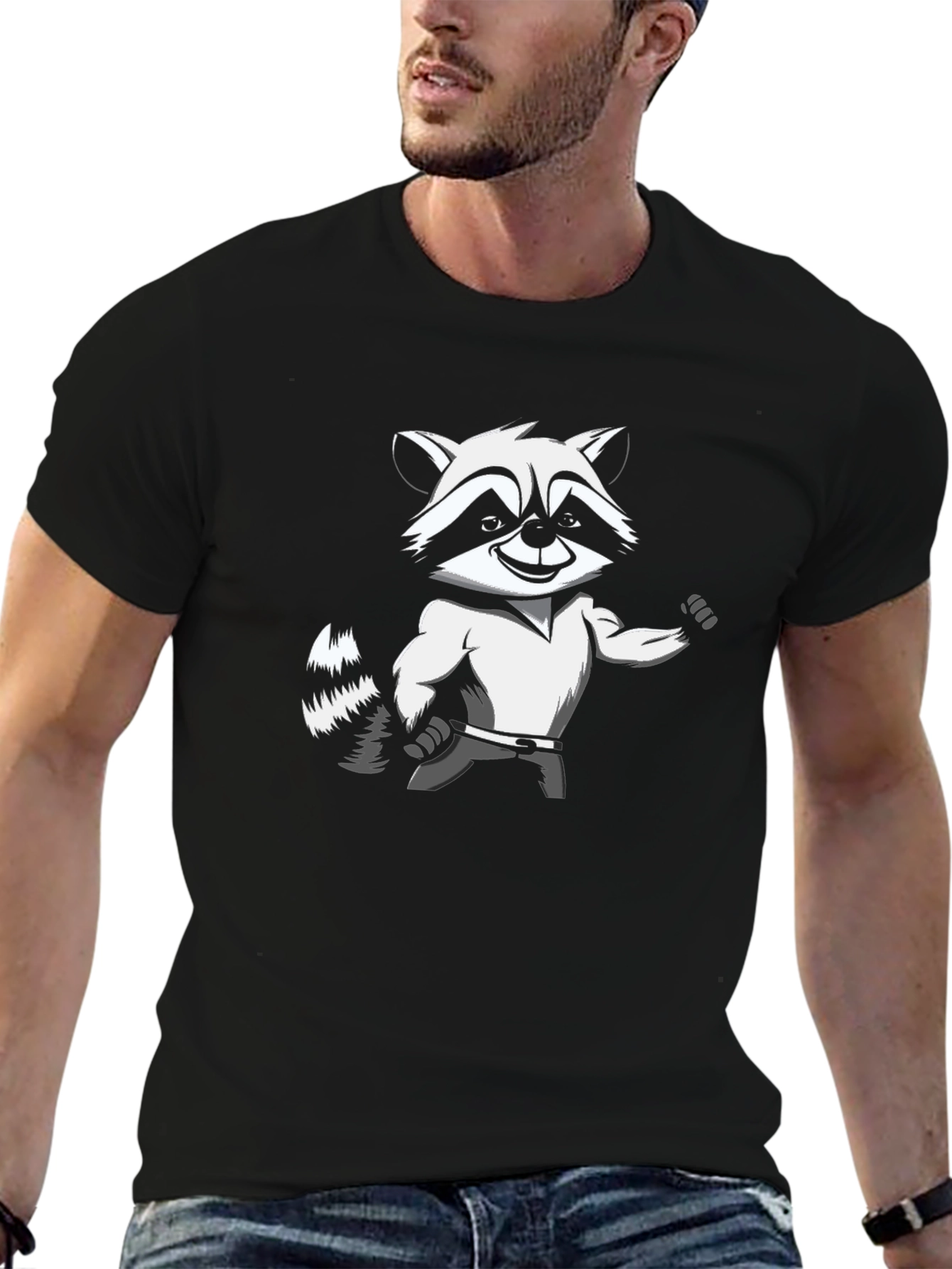 Raccoon Cartoon Graphic Tee - Black