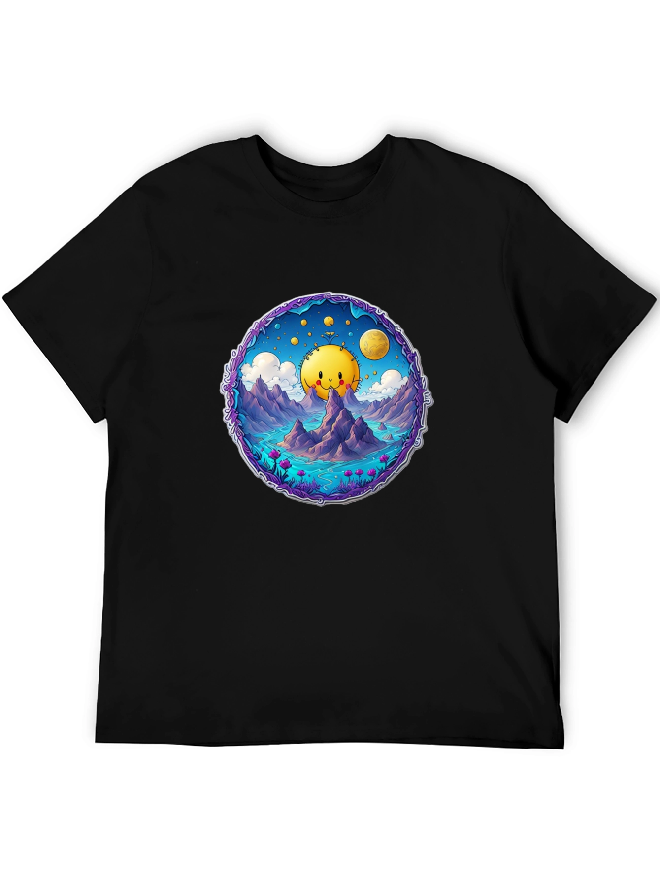 Cartoon Sun T-Shirt - Black Cotton Tee