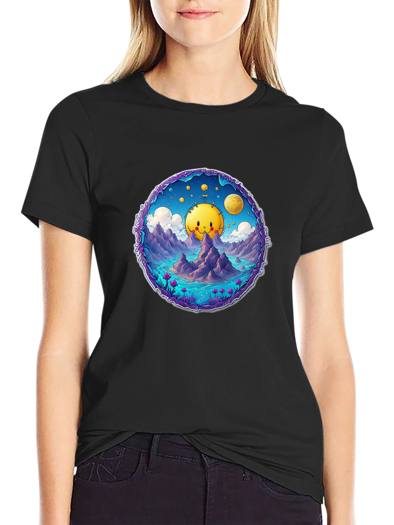 Cartoon Sun T-Shirt - Black Cotton Tee