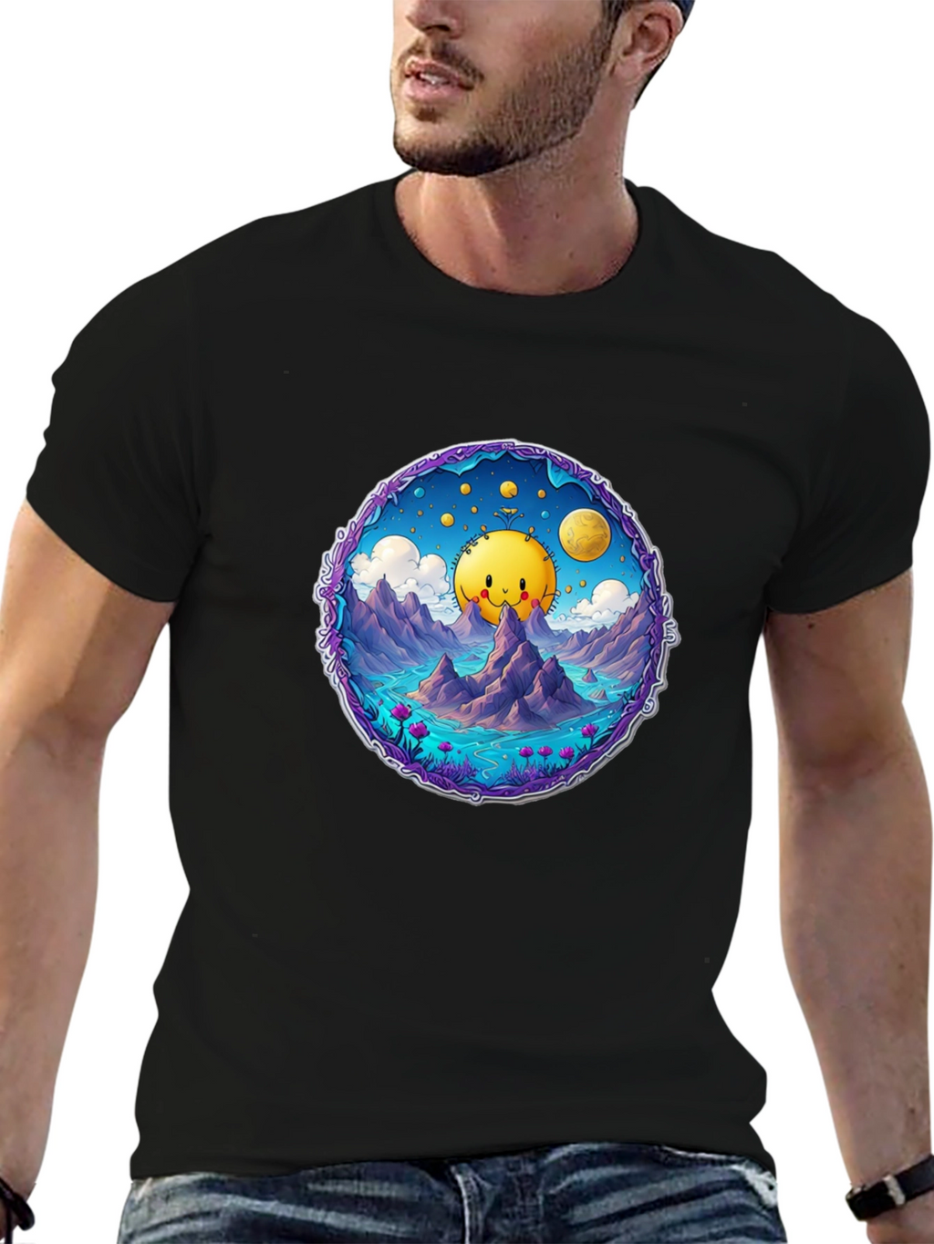 Cartoon Sun T-Shirt - Black Cotton Tee