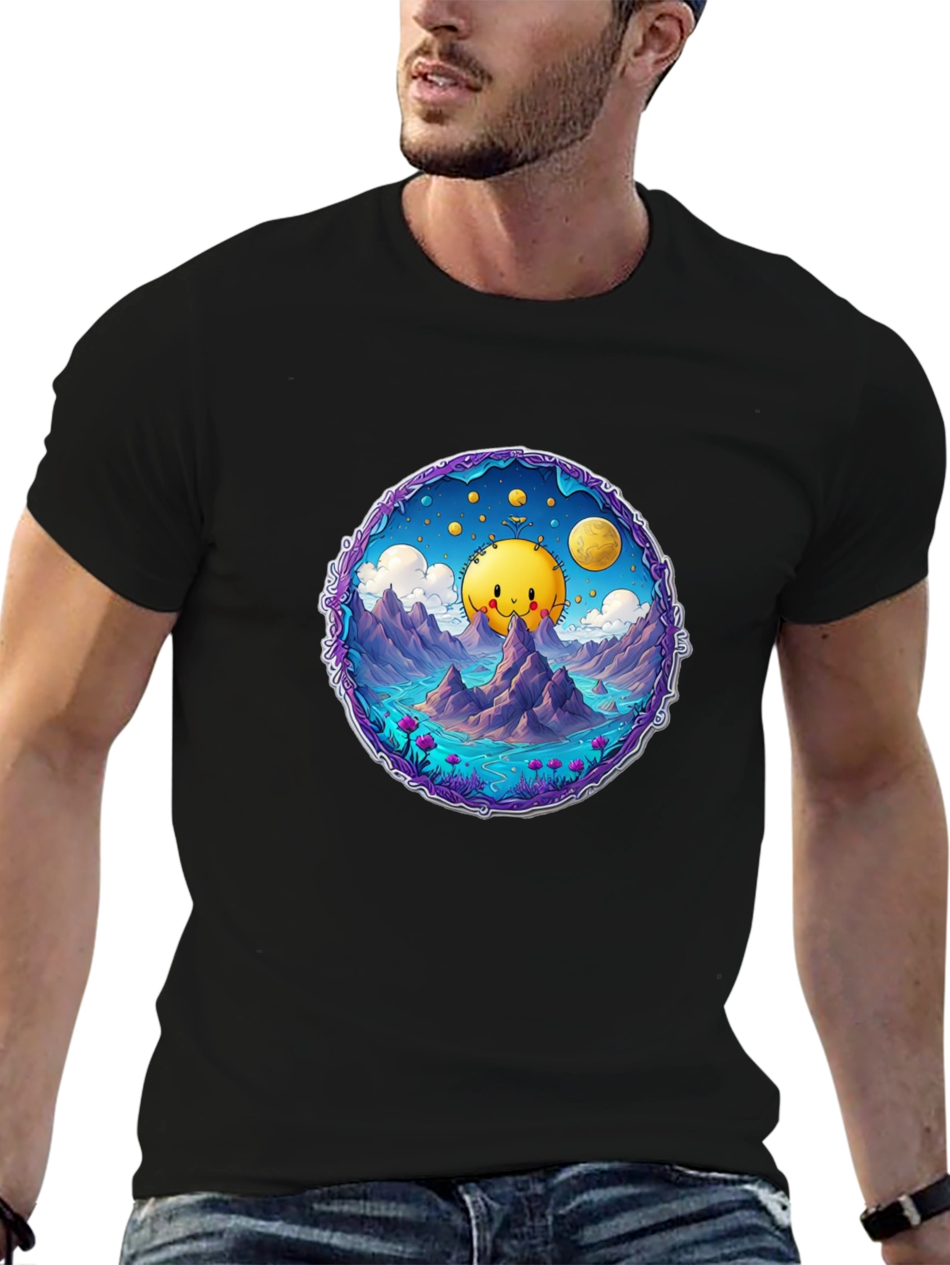 Cartoon Sun T-Shirt - Black Cotton Tee