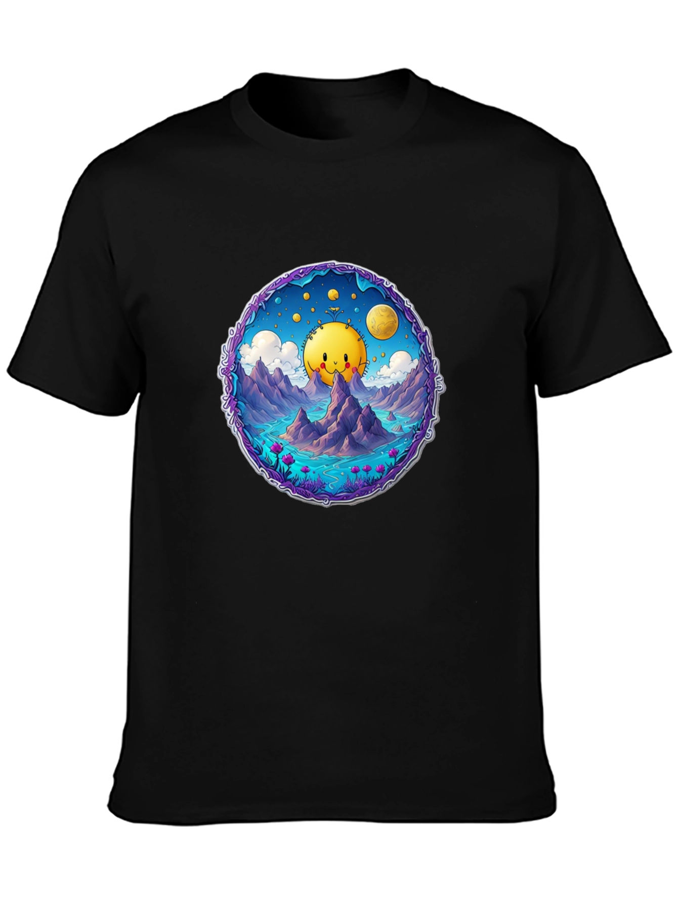 Cartoon Sun T-Shirt - Black Cotton Tee