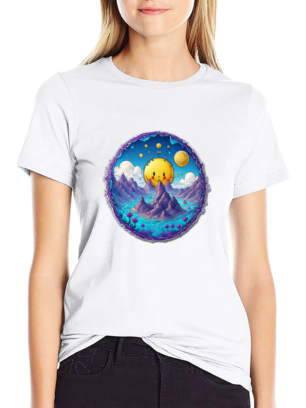Cartoon Sun T-Shirt - Black Cotton Tee
