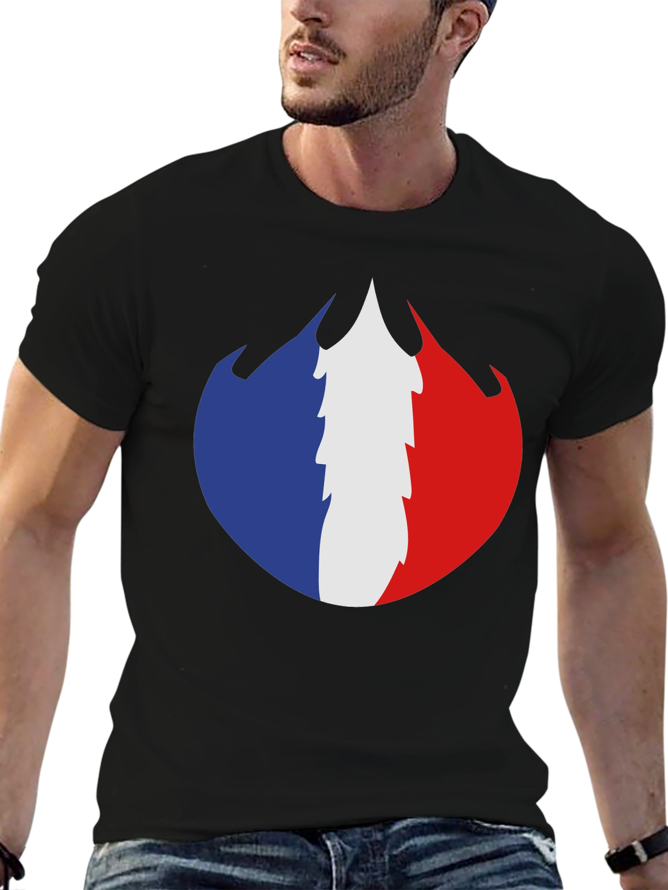 French Flag Fire Design Black T-Shirt