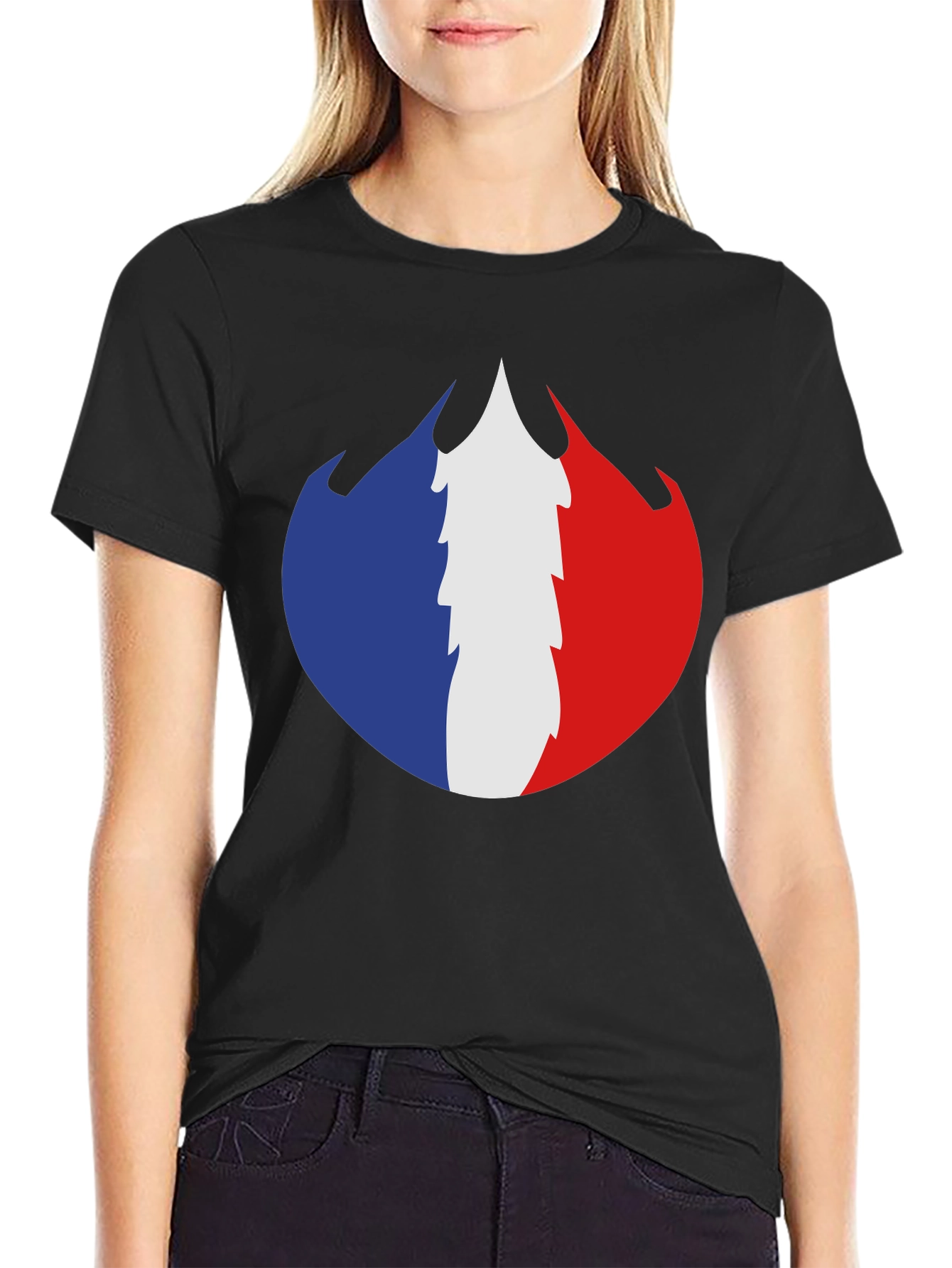 French Flag Fire Design Black T-Shirt