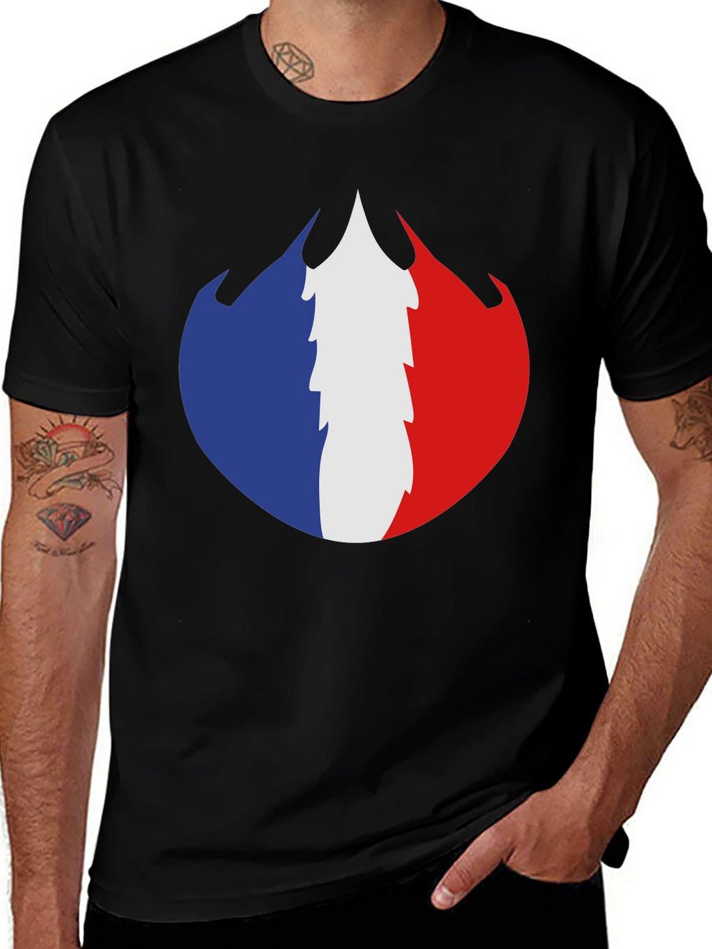 French Flag Fire Design Black T-Shirt
