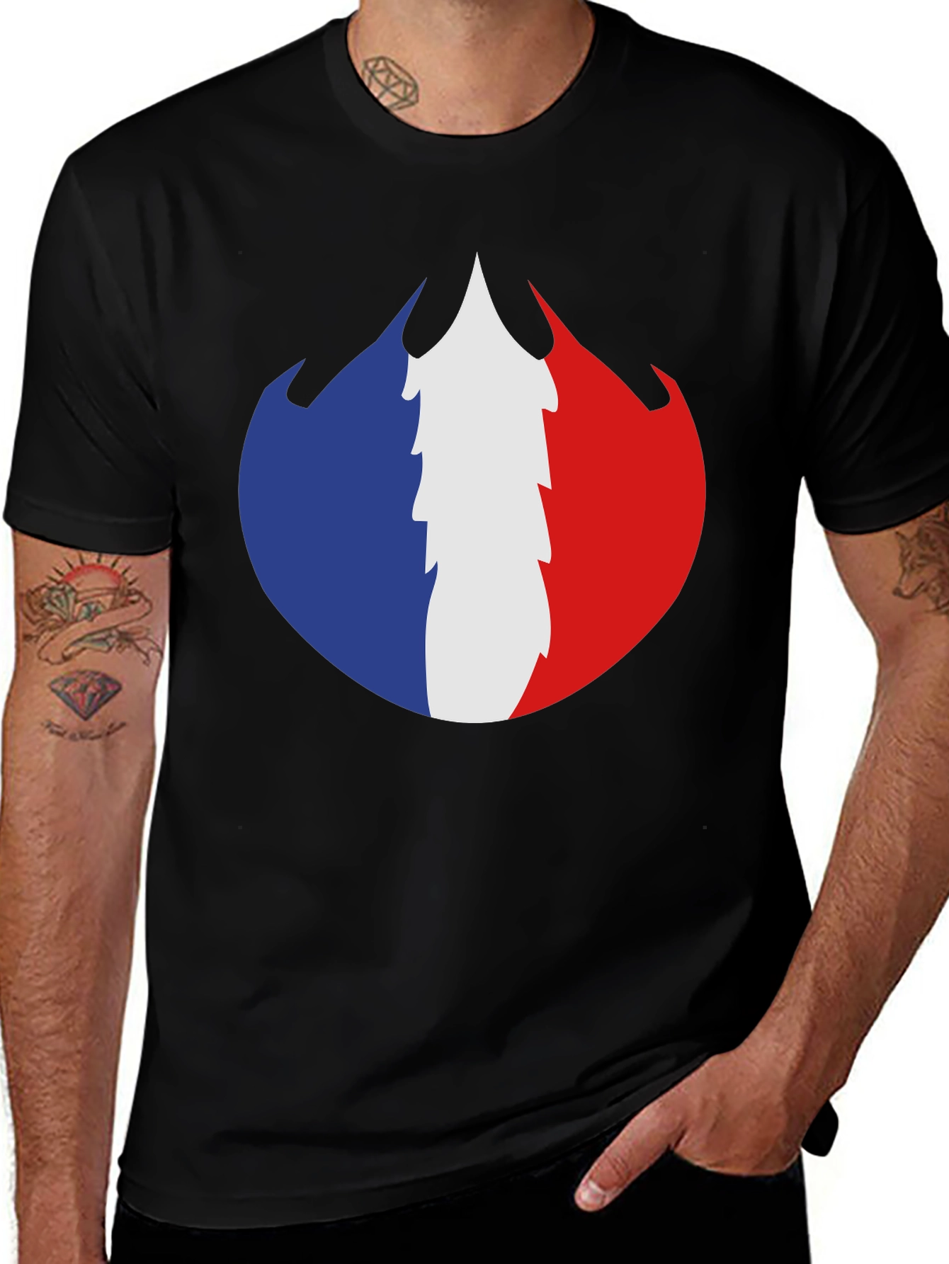 French Flag Fire Design Black T-Shirt
