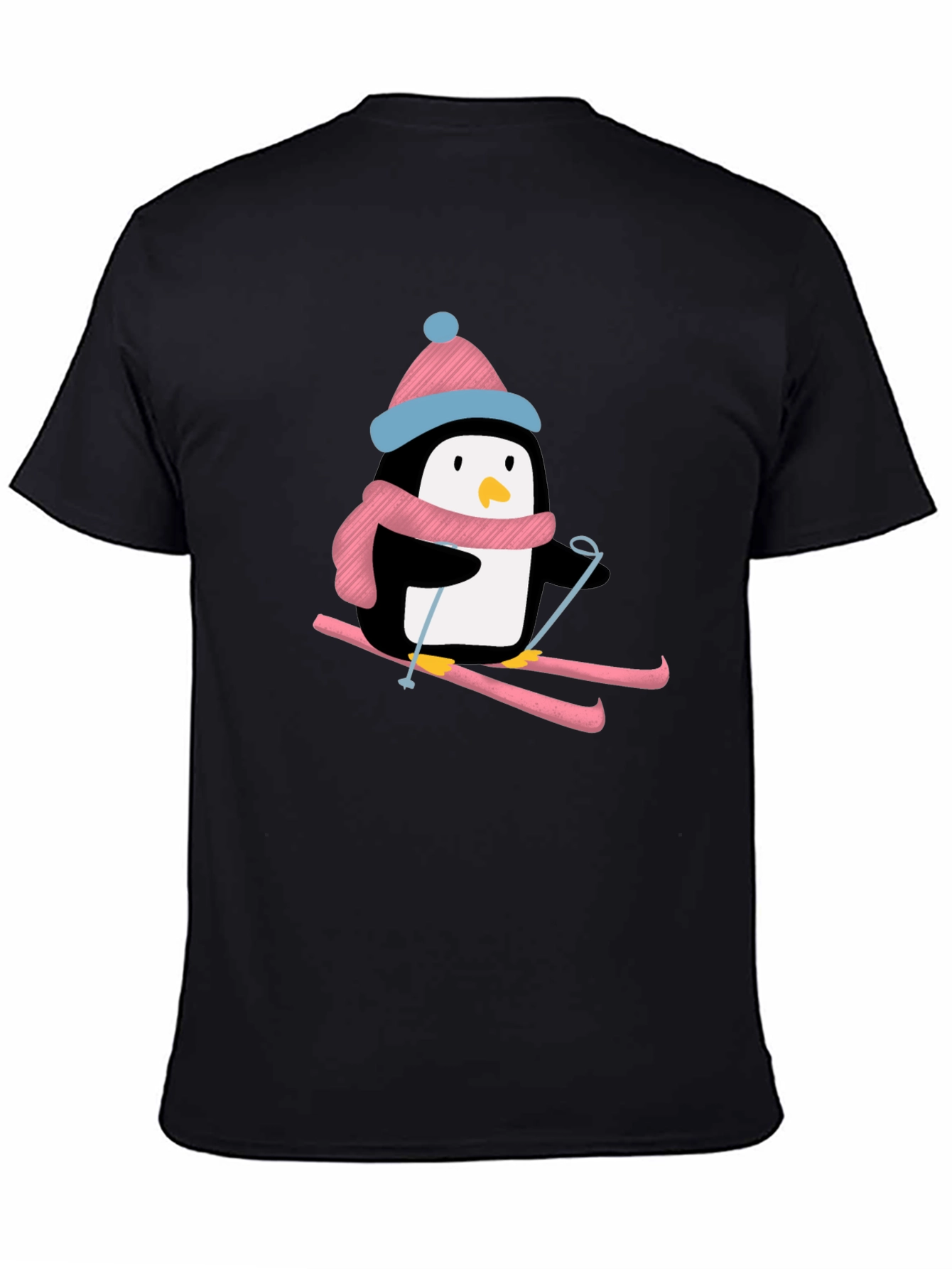 Skiing Penguin Graphic Tee - Black Cotton T-Shirt
