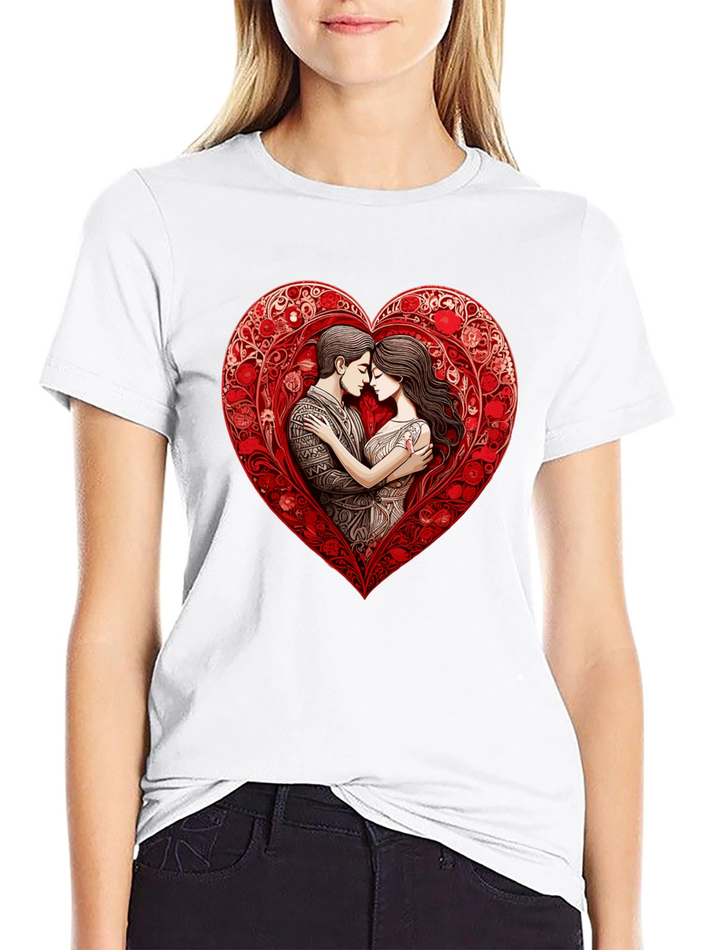 Romantic Couple in Heart T-Shirt - Black