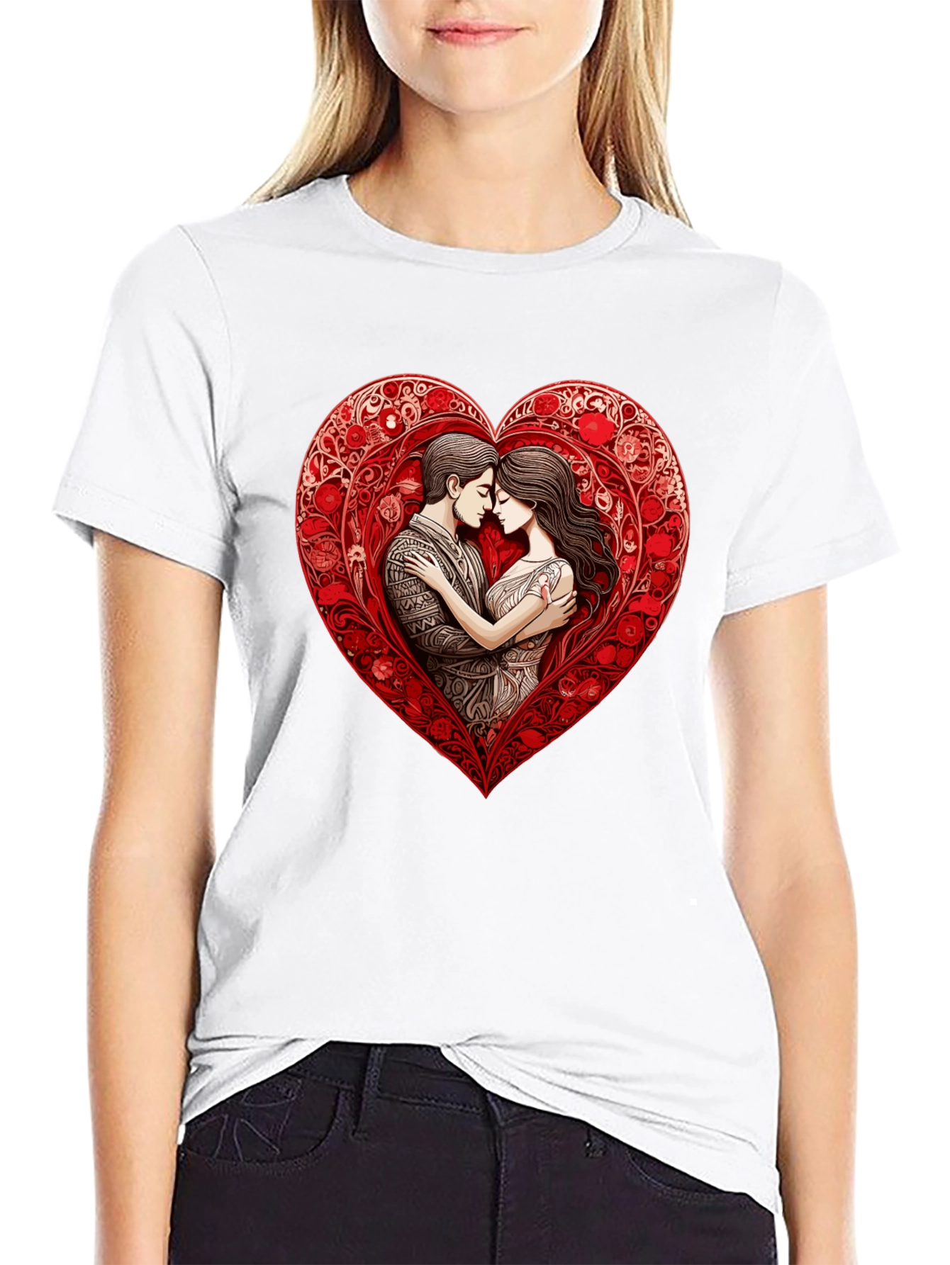 Romantic Couple in Heart T-Shirt - Black