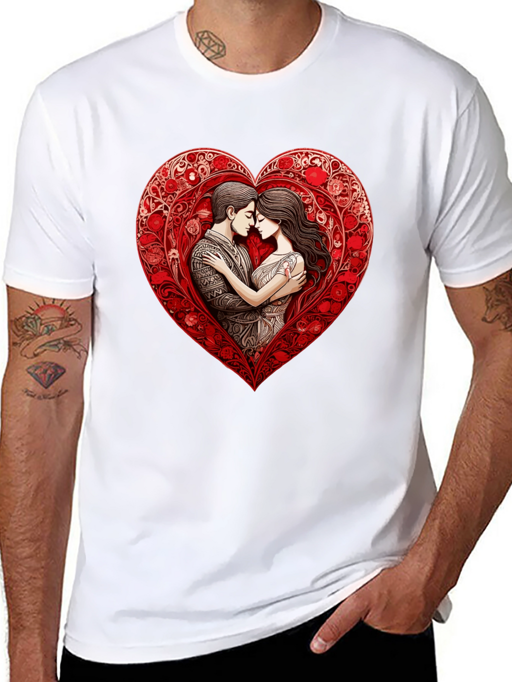Romantic Couple in Heart T-Shirt - Black
