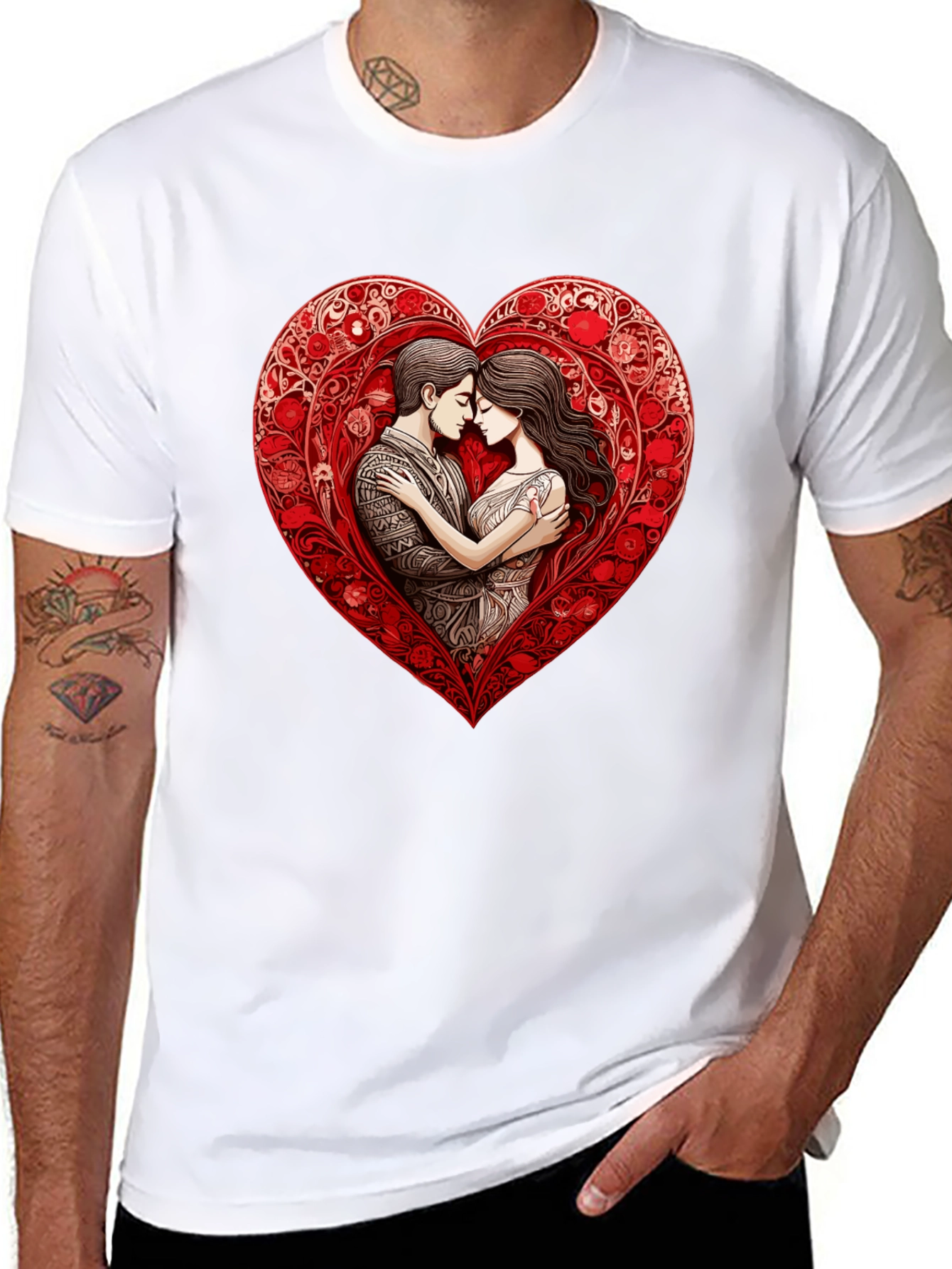 Romantic Couple in Heart T-Shirt - Black
