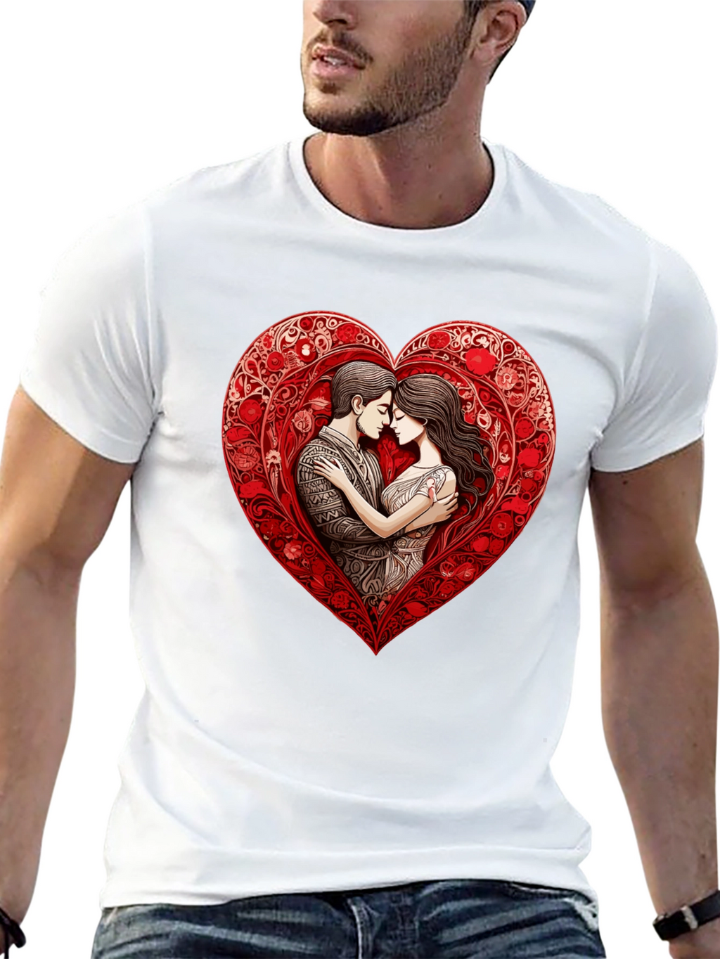 Romantic Couple in Heart T-Shirt - Black