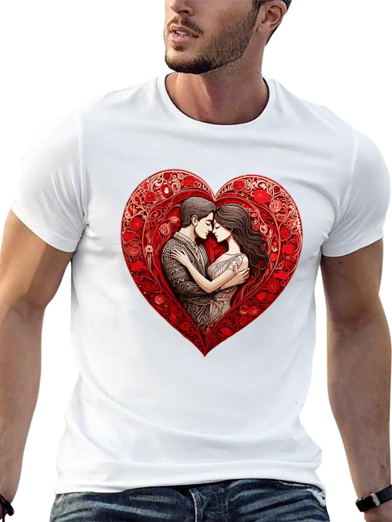 Romantic Couple in Heart T-Shirt - Black