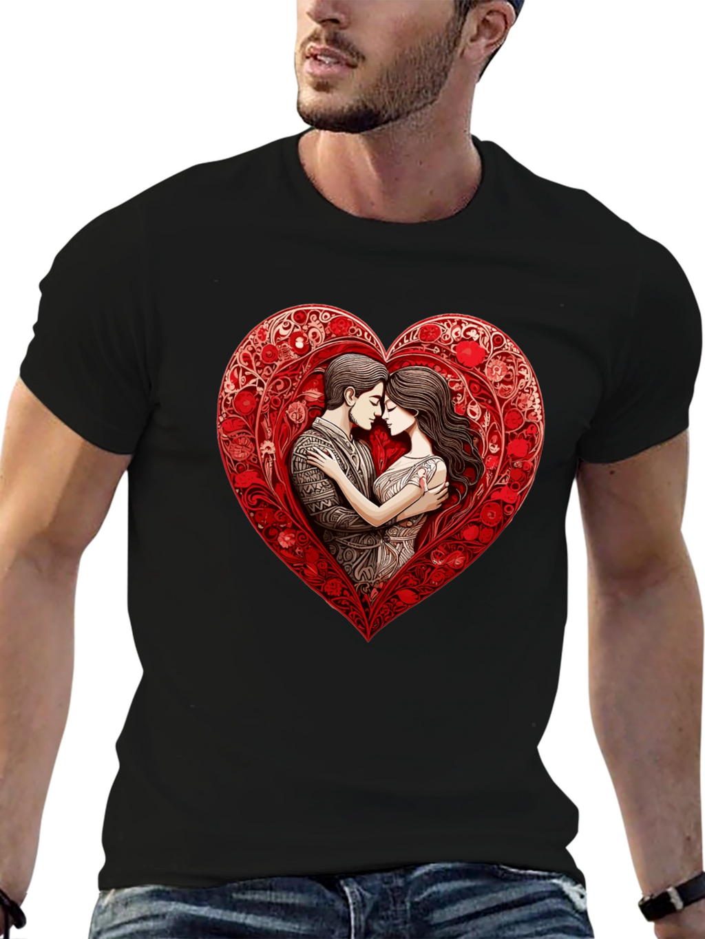 Romantic Couple in Heart T-Shirt - Black