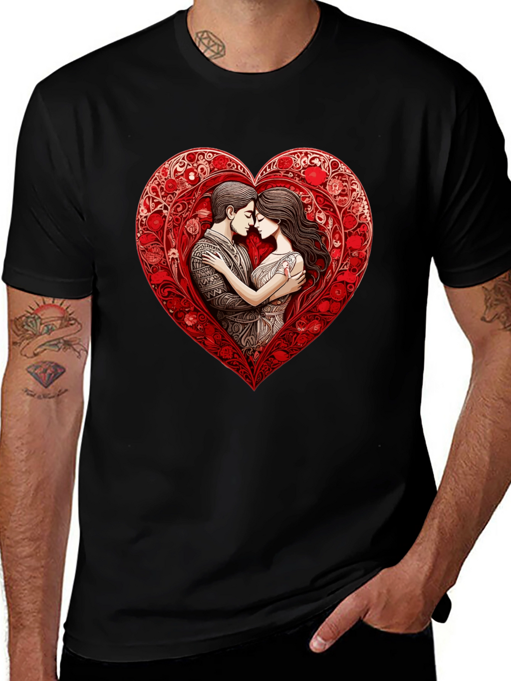 Romantic Couple in Heart T-Shirt - Black