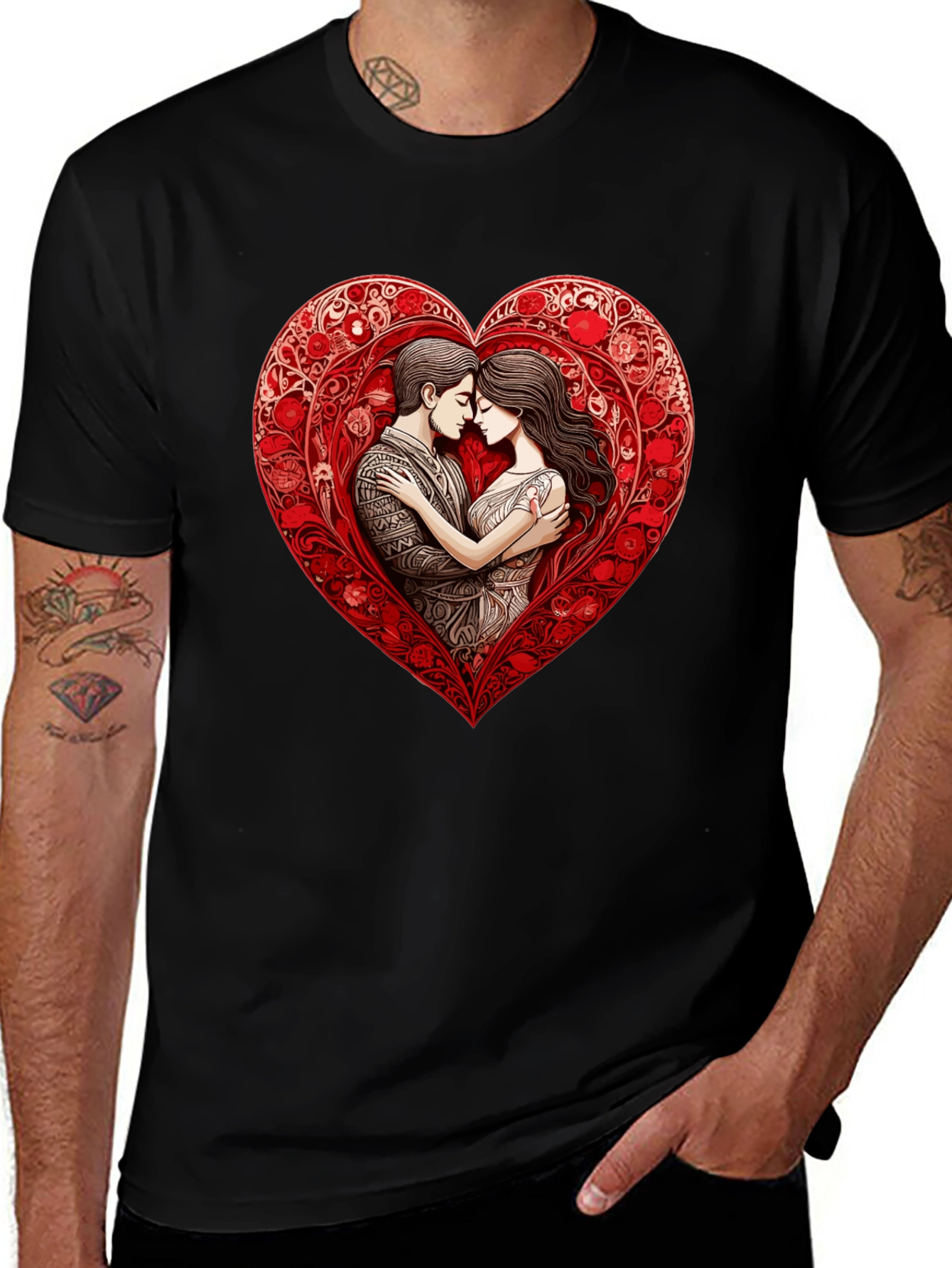 Romantic Couple in Heart T-Shirt - Black