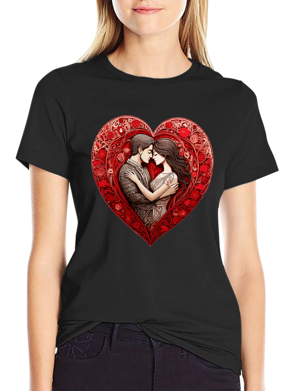 Romantic Couple in Heart T-Shirt - Black