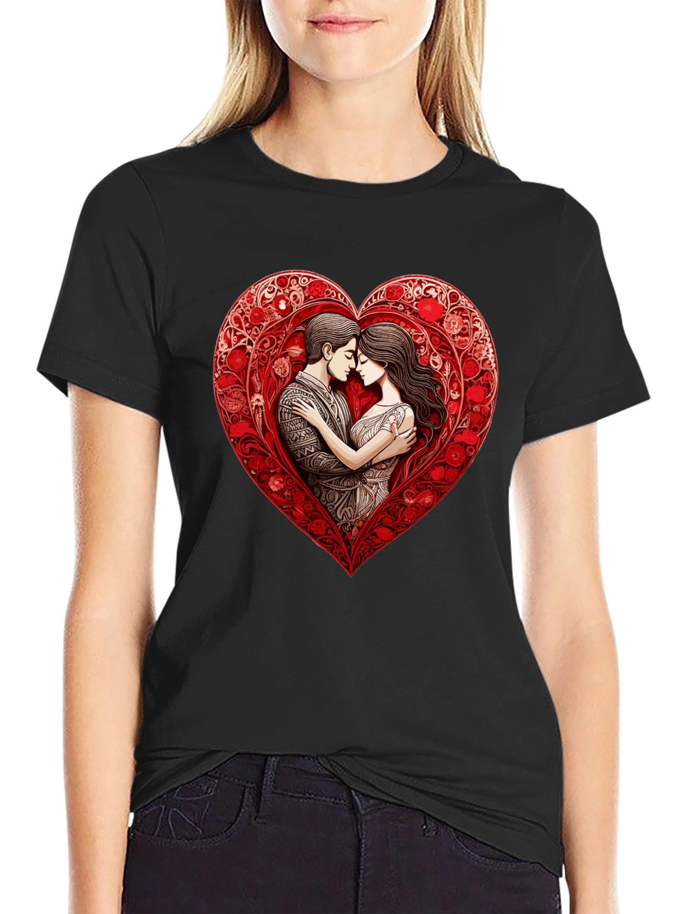 Romantic Couple in Heart T-Shirt - Black