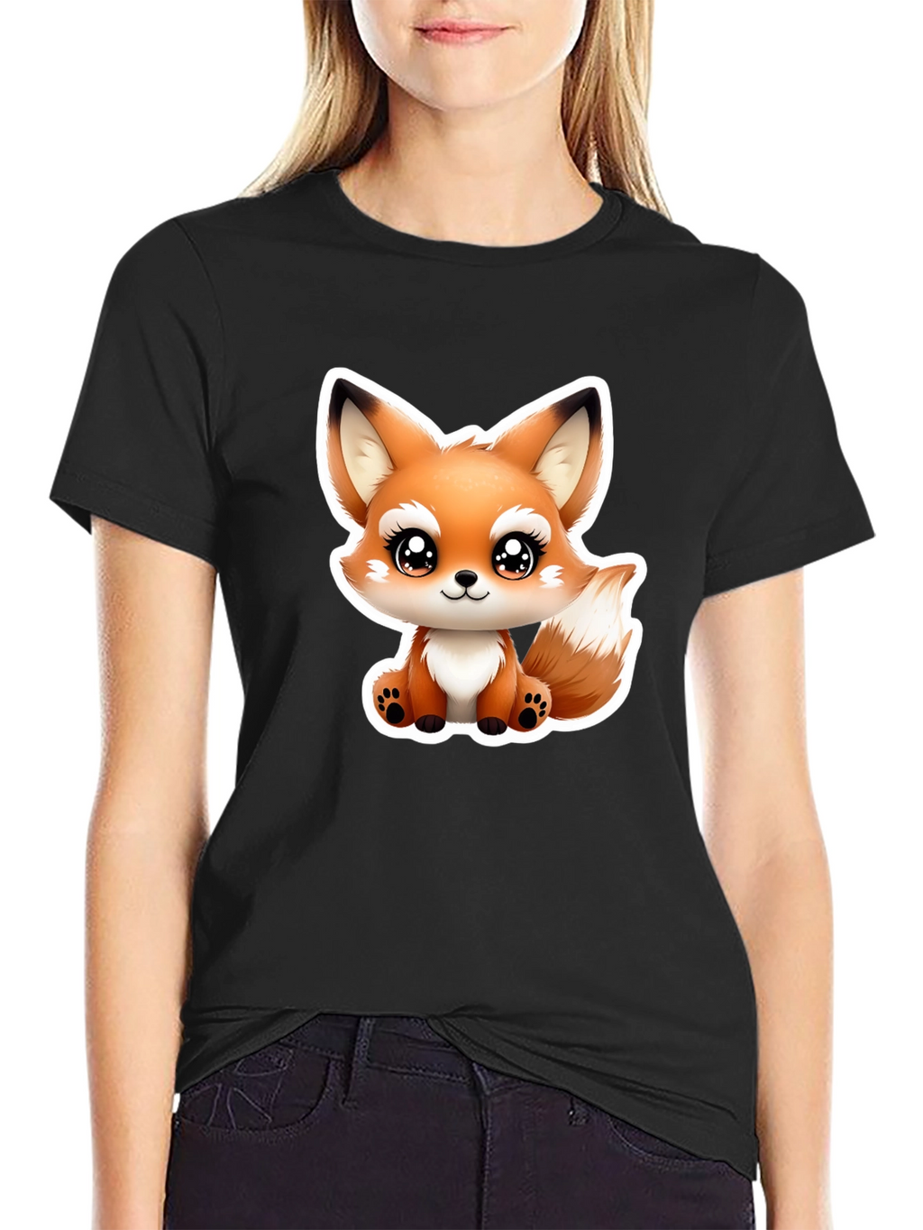 Cute Cartoon Fox Graphic Tee - Black Cotton T-Shirt