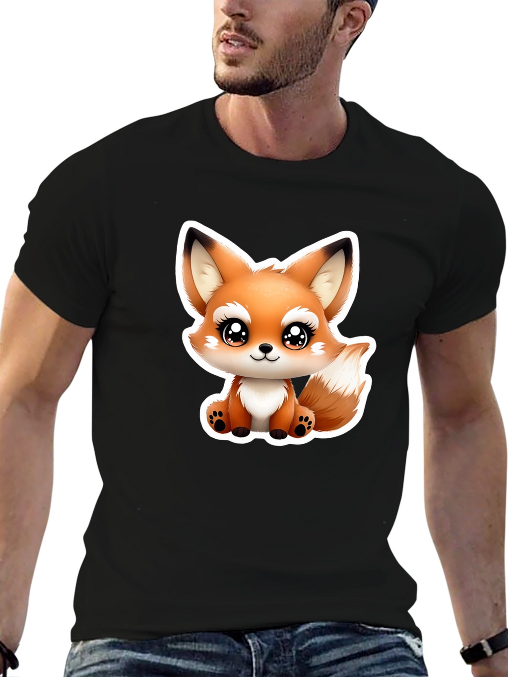 Cute Cartoon Fox Graphic Tee - Black Cotton T-Shirt