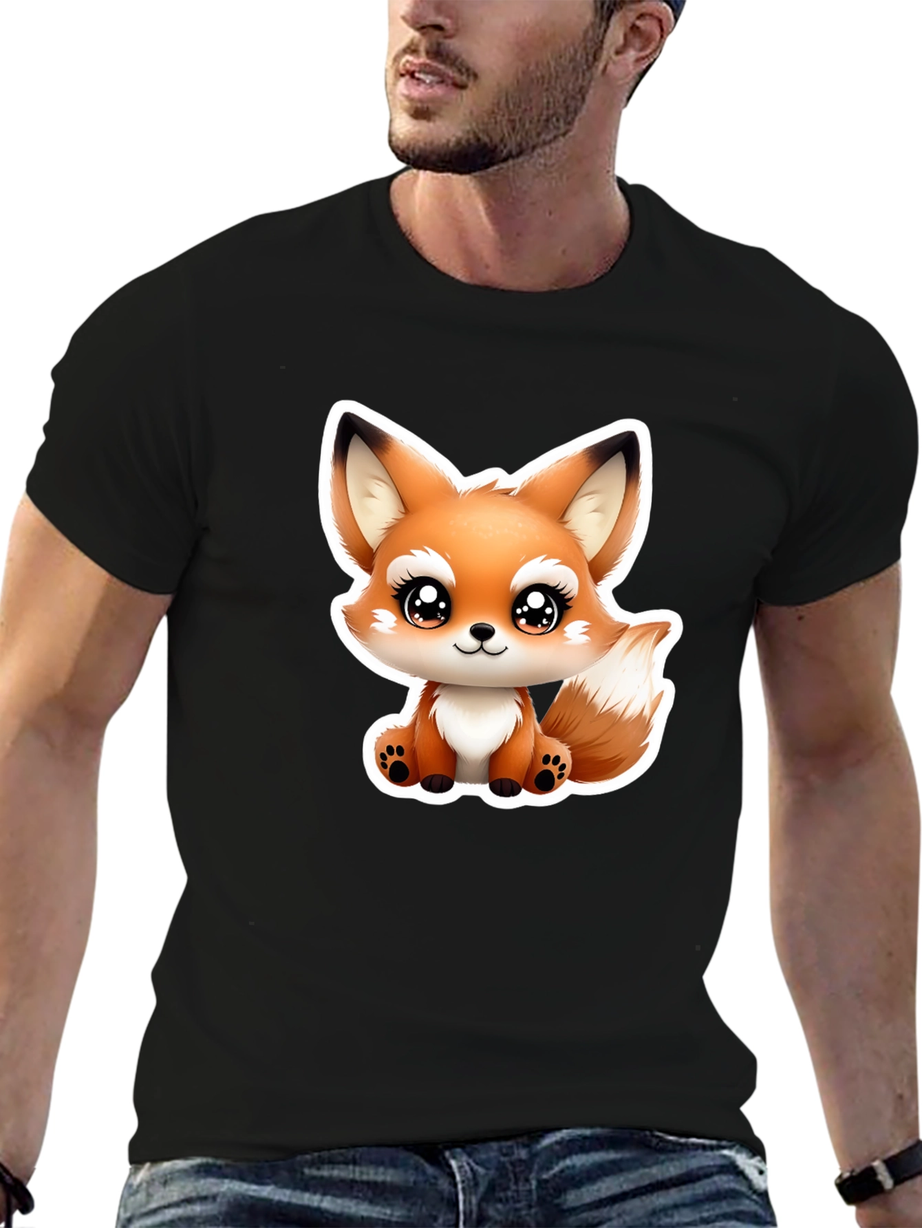 Cute Cartoon Fox Graphic Tee - Black Cotton T-Shirt