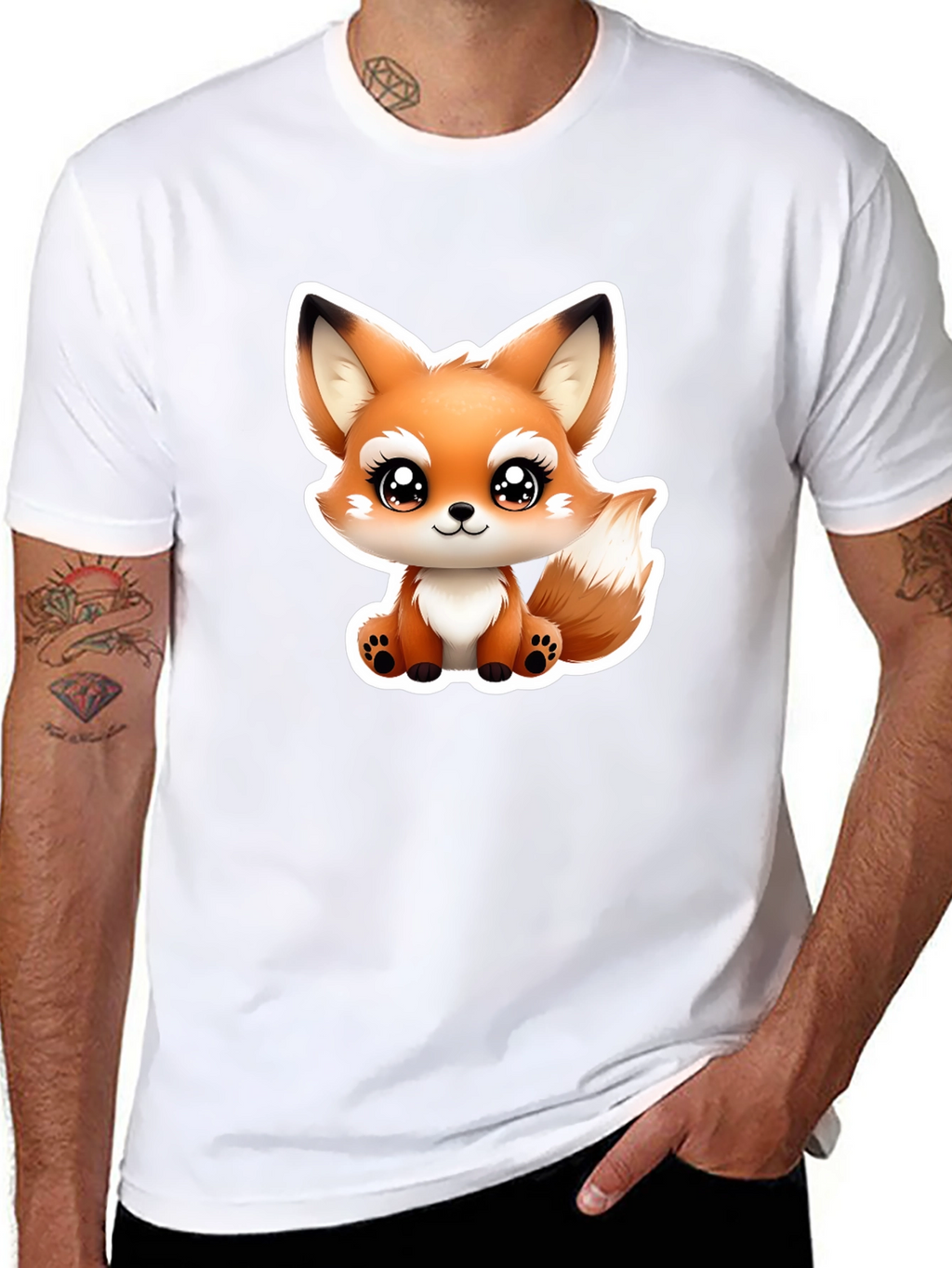 Cute Cartoon Fox Graphic Tee - Black Cotton T-Shirt
