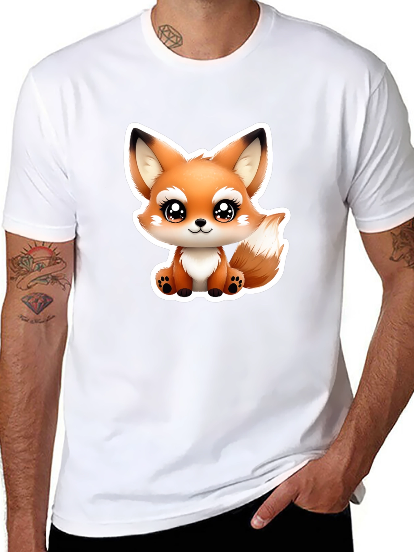 Cute Cartoon Fox Graphic Tee - Black Cotton T-Shirt