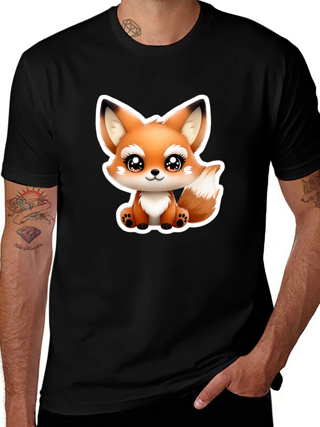Cute Cartoon Fox Graphic Tee - Black Cotton T-Shirt
