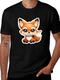 Cute Cartoon Fox Graphic Tee - Black Cotton T-Shirt