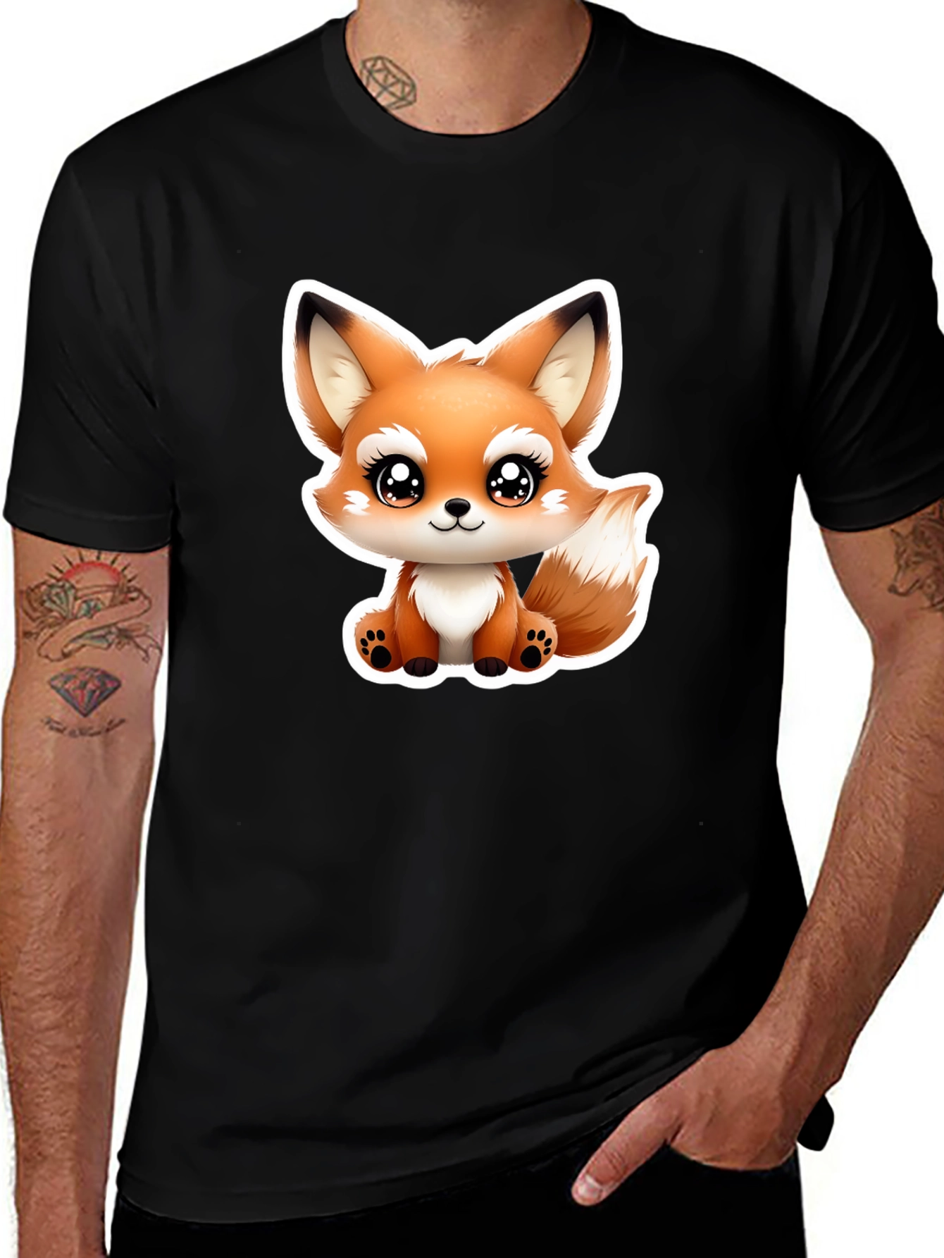 Cute Cartoon Fox Graphic Tee - Black Cotton T-Shirt