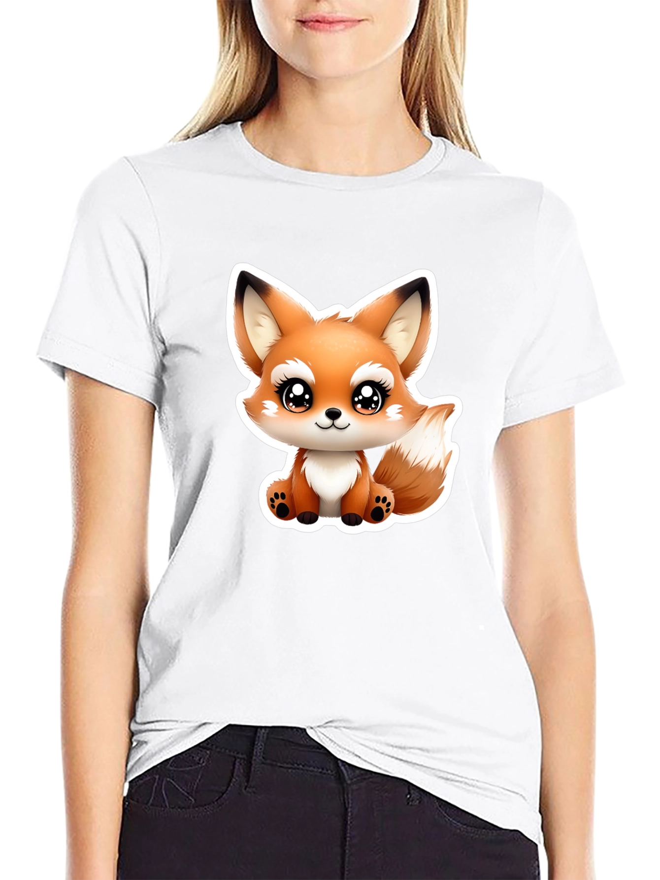 Cute Cartoon Fox Graphic Tee - Black Cotton T-Shirt