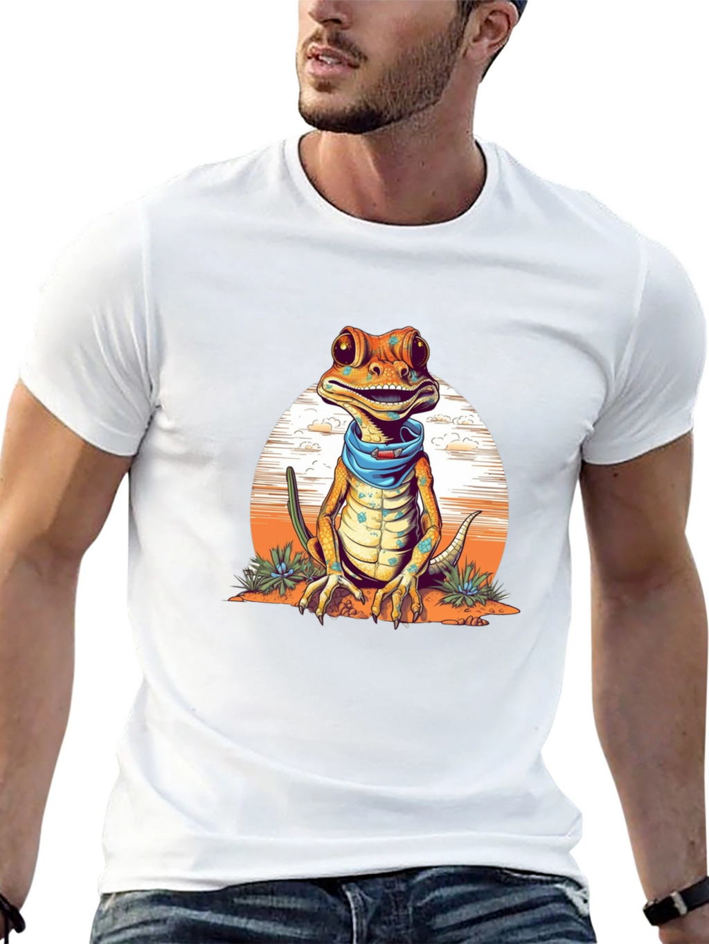 Gecko Bandana T-Shirt - Quirky Reptile Graphic Tee