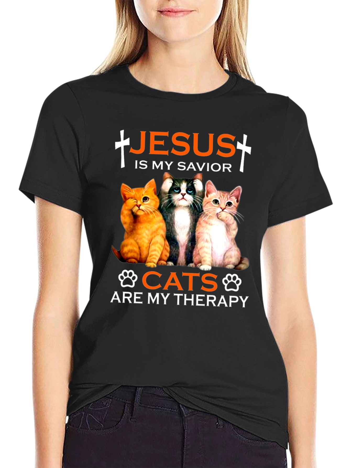 Jesus is My Savior Cats Are My Therapy T-Shirt
