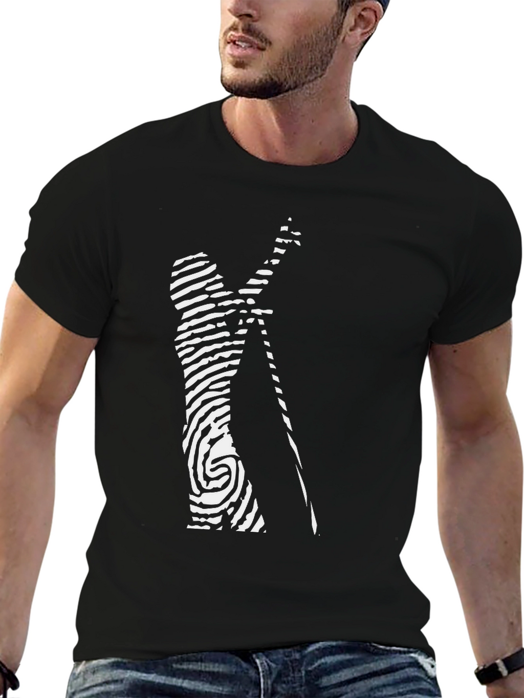 Modern Art Black T-Shirt: Fingerprint Musician