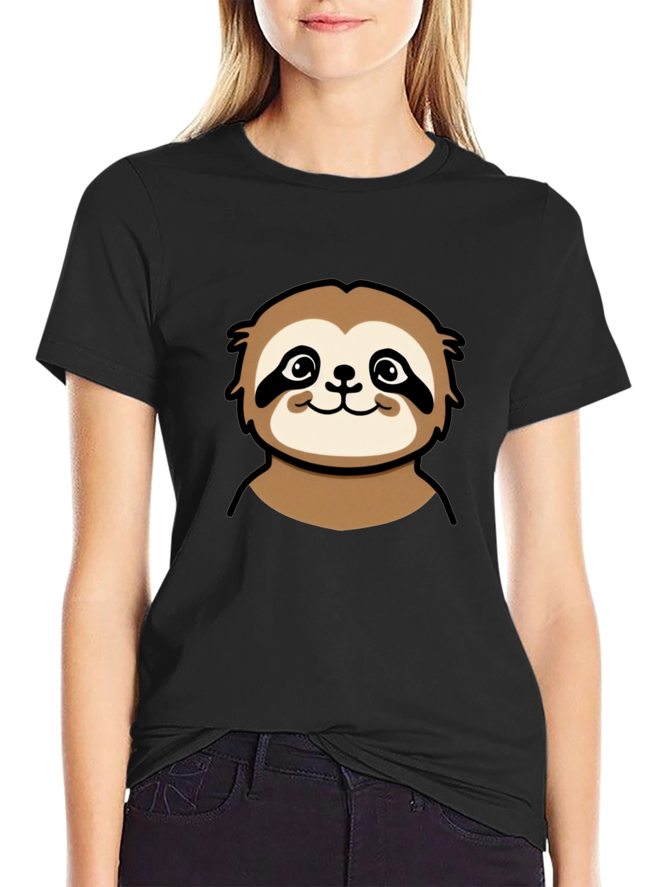 Cute Sloth Graphic Tee - Black Cotton T-Shirt