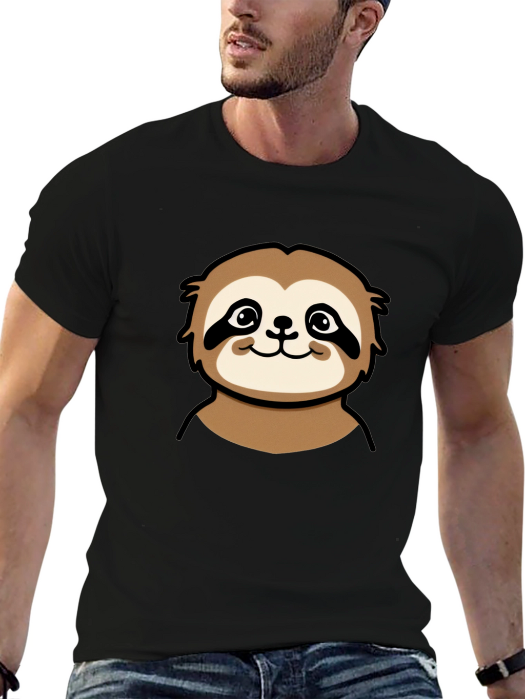 Cute Sloth Graphic Tee - Black Cotton T-Shirt