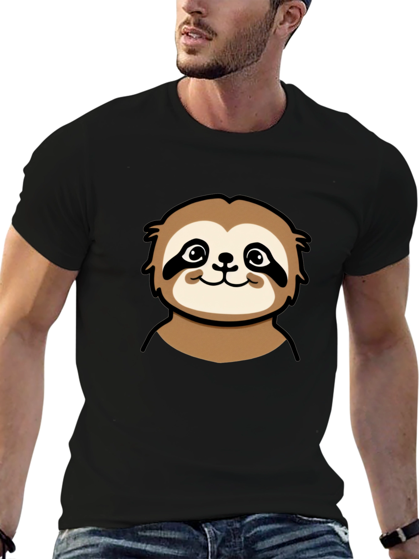 Cute Sloth Graphic Tee - Black Cotton T-Shirt