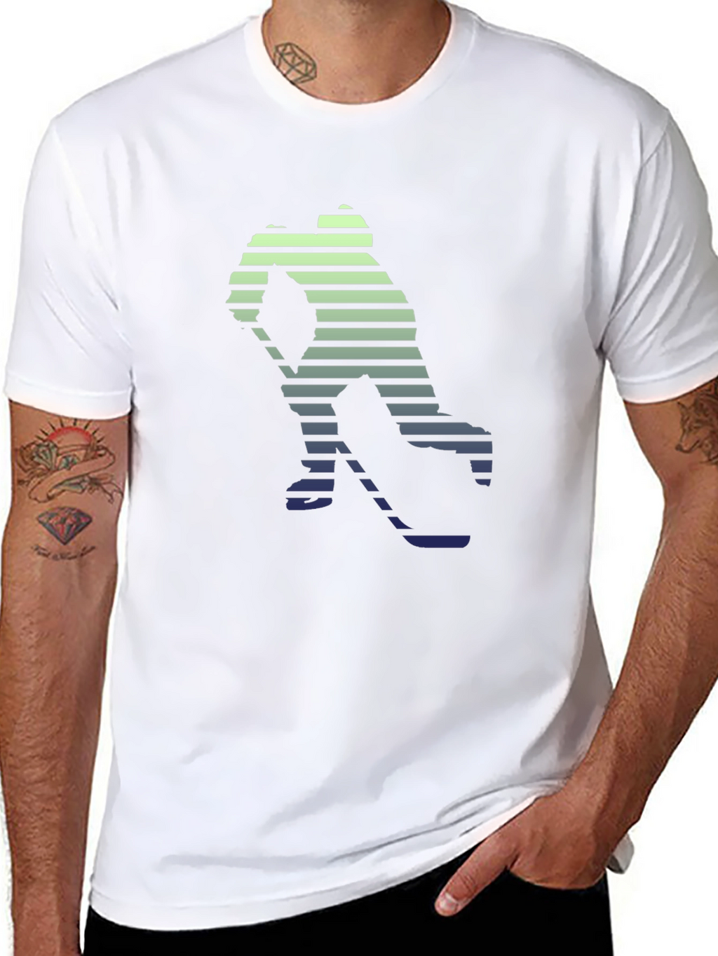 Hockey Player Graphic Tee - Stylish Striped Silhouette T-Shirt