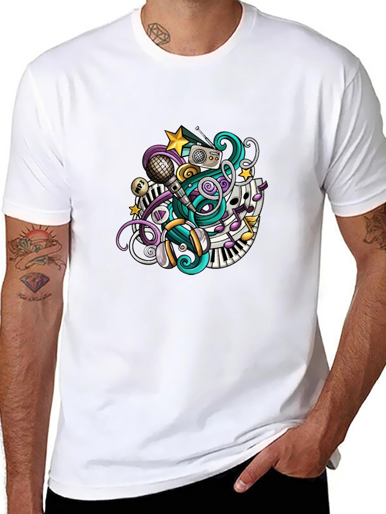 Musical Doodle Graphic Tee - Black Crew Neck T-Shirt