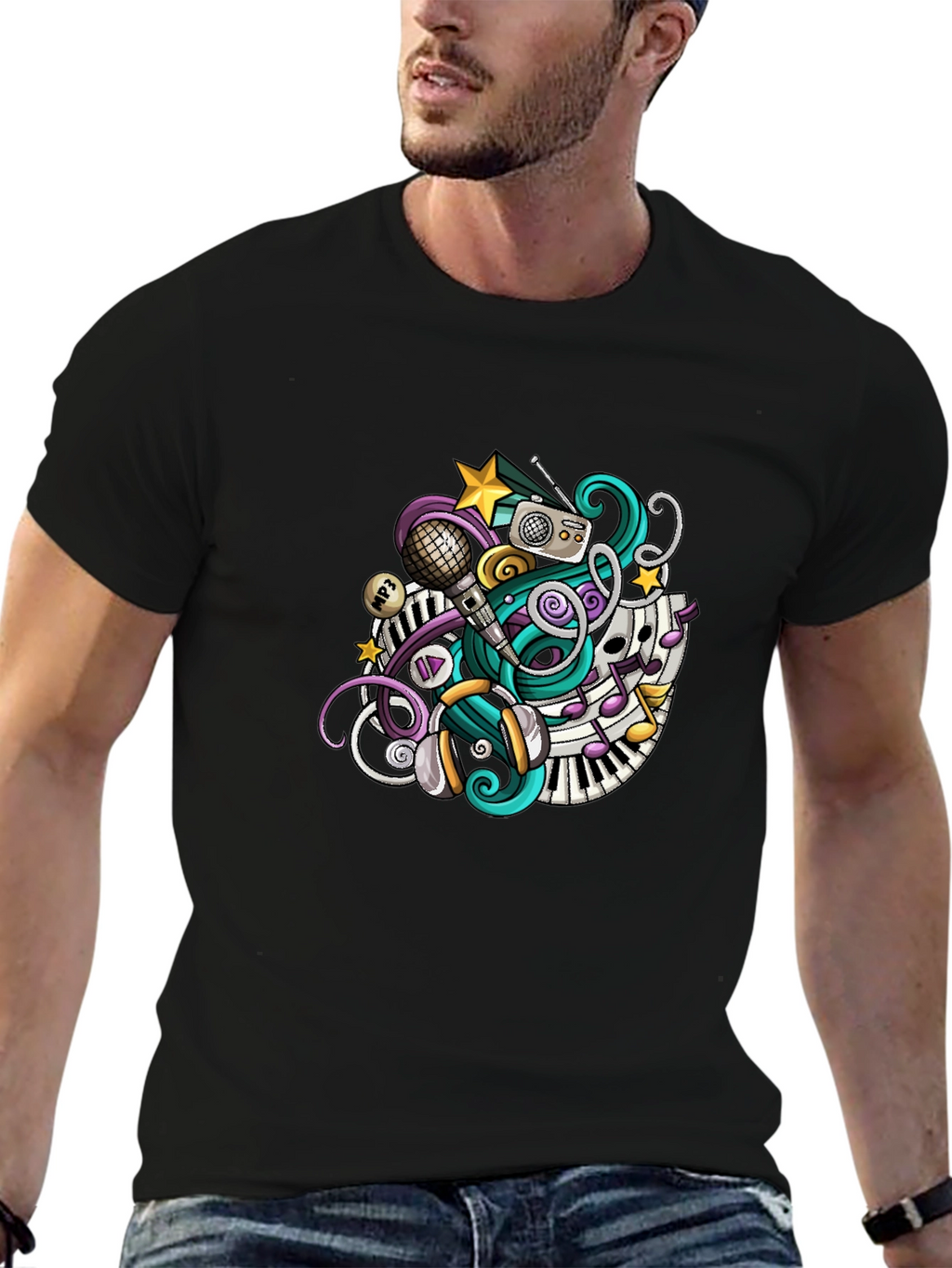 Musical Doodle Graphic Tee - Black Crew Neck T-Shirt