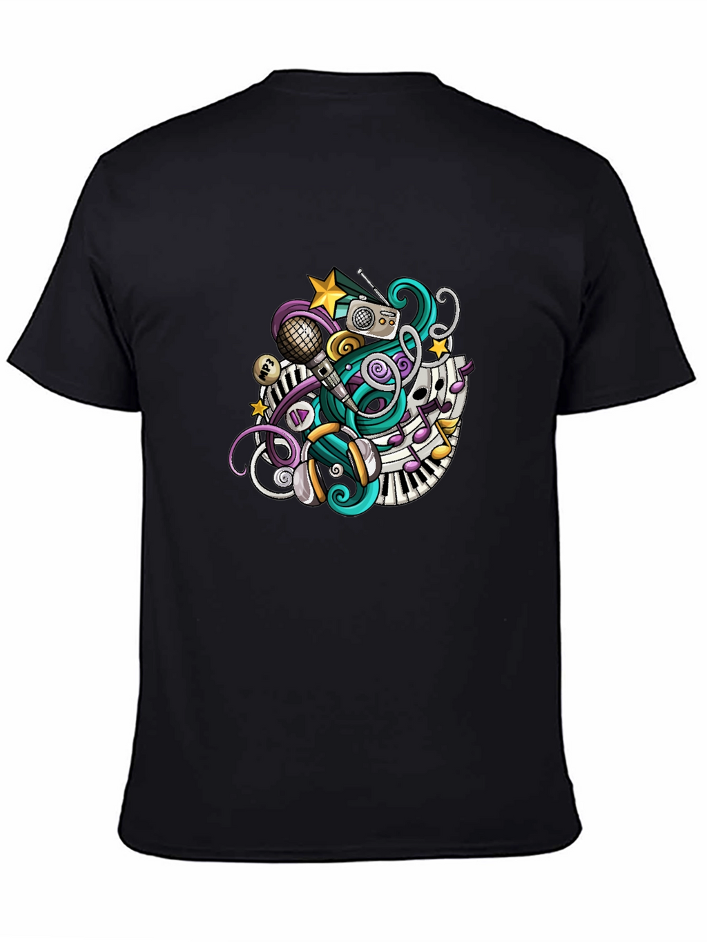 Musical Doodle Graphic Tee - Black Crew Neck T-Shirt