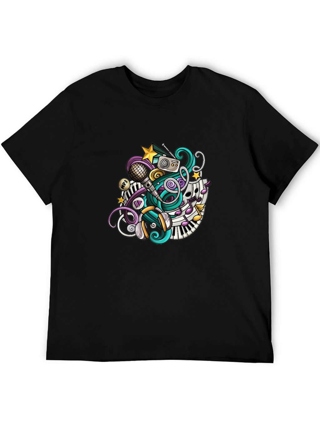 Musical Doodle Graphic Tee - Black Crew Neck T-Shirt