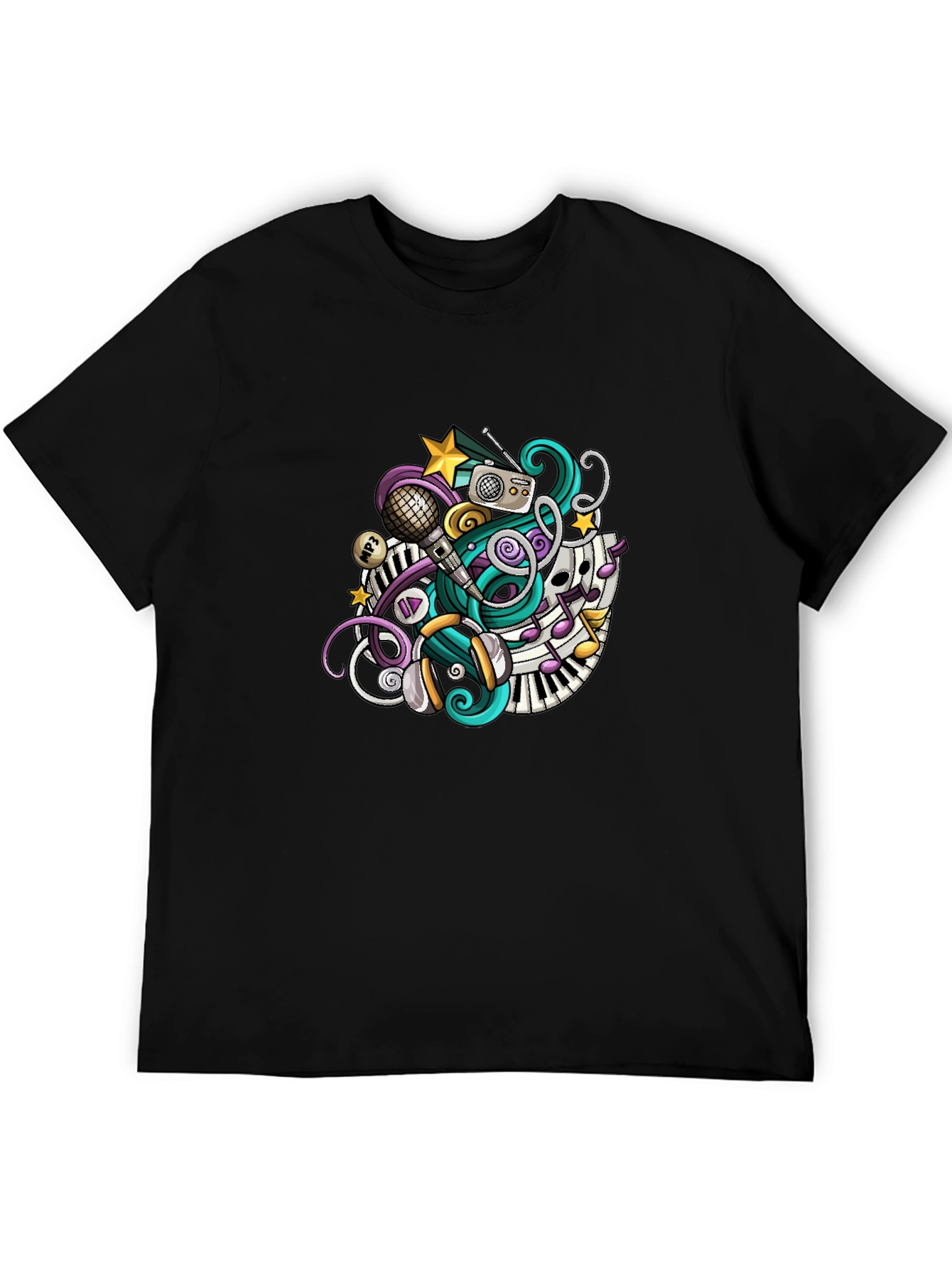 Musical Doodle Graphic Tee - Black Crew Neck T-Shirt