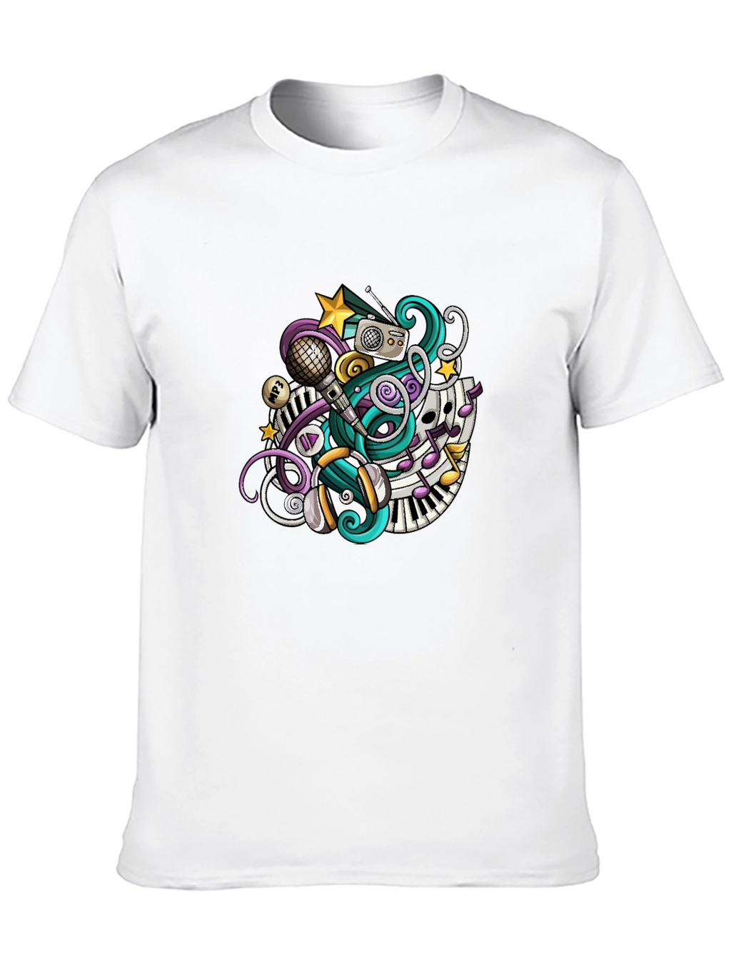 Musical Doodle Graphic Tee - Black Crew Neck T-Shirt