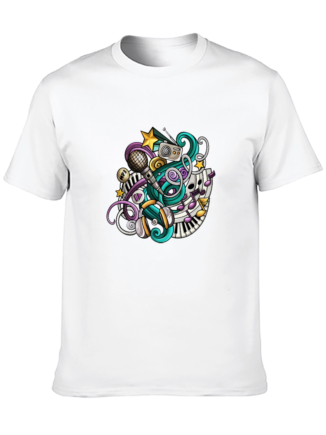 Musical Doodle Graphic Tee - Black Crew Neck T-Shirt