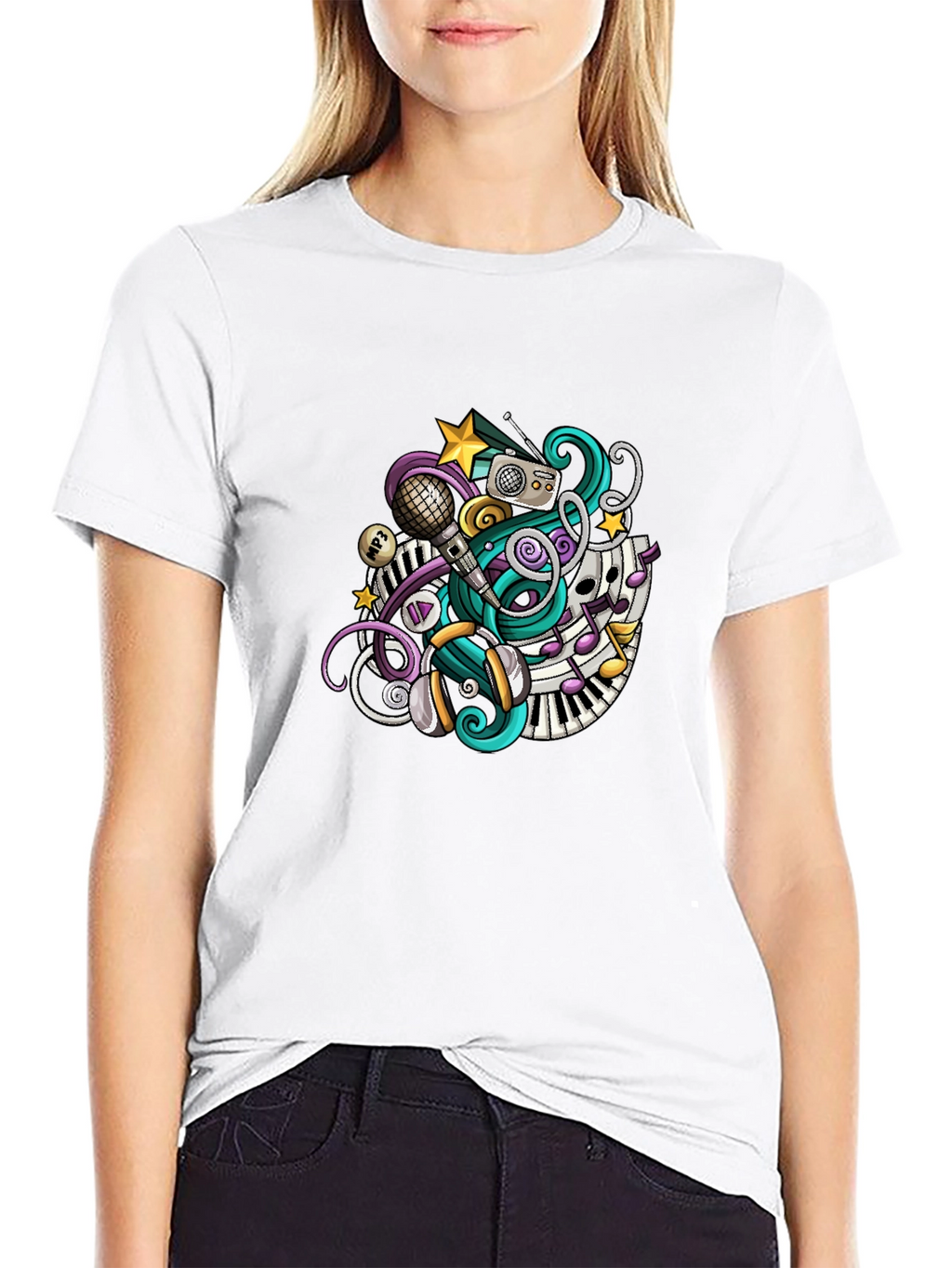 Musical Doodle Graphic Tee - Black Crew Neck T-Shirt