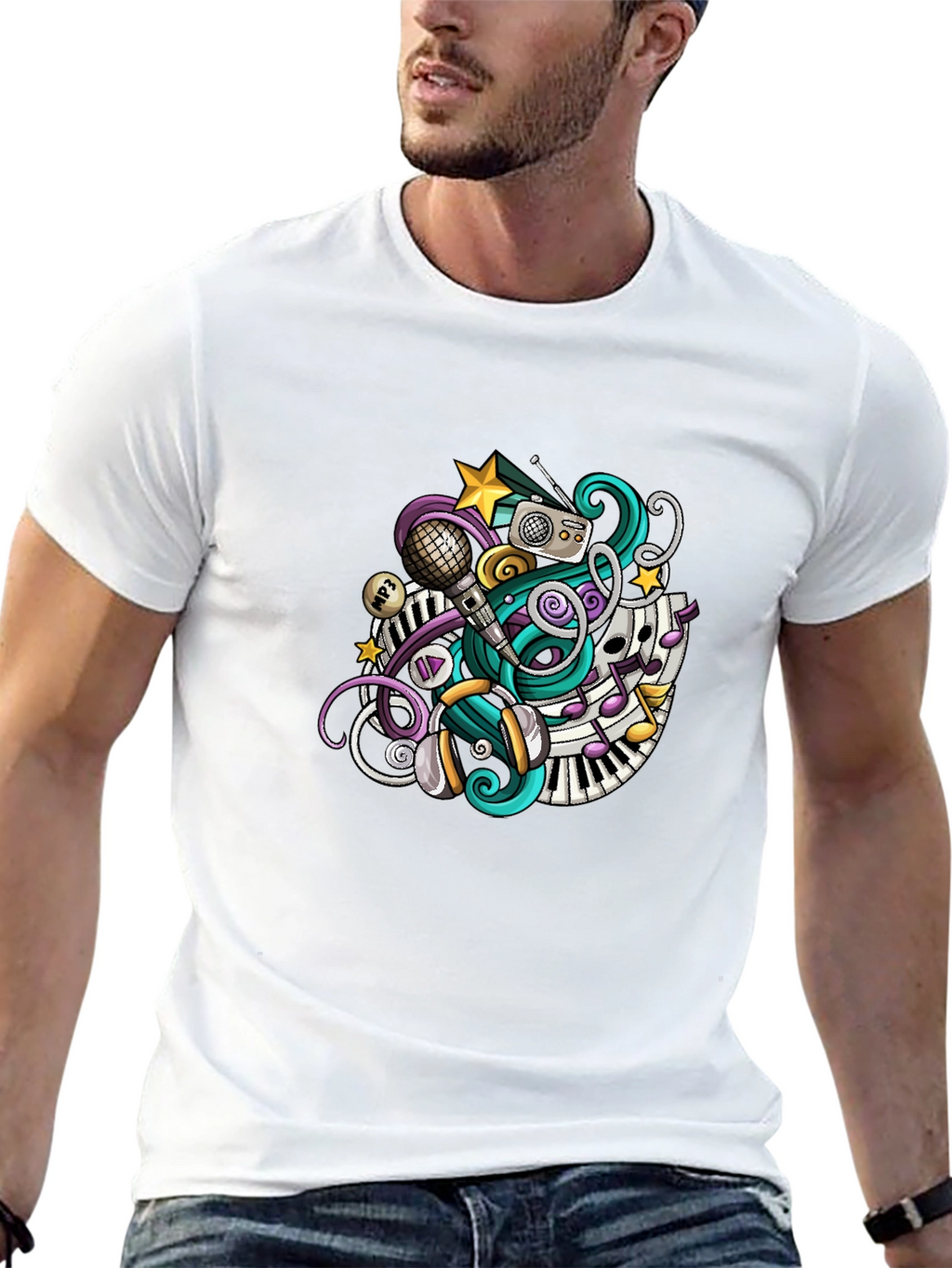 Musical Doodle Graphic Tee - Black Crew Neck T-Shirt